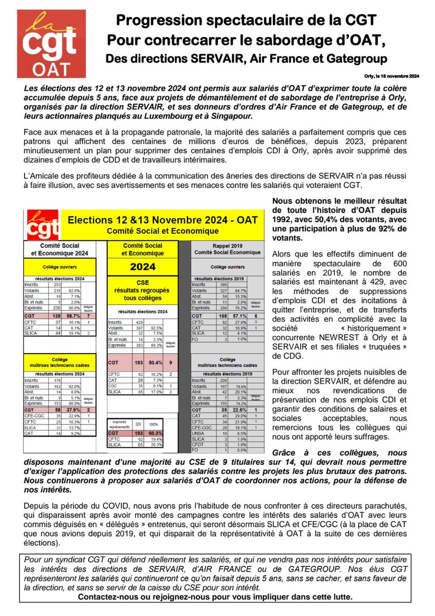 Les travailleurs d'OAT à Orly donnent le signal, qu'ils se préparent à affronter les plans foireux des directions de SERVAIR, et leurs actionnaires AIR FRANCE et GATEGROUP...