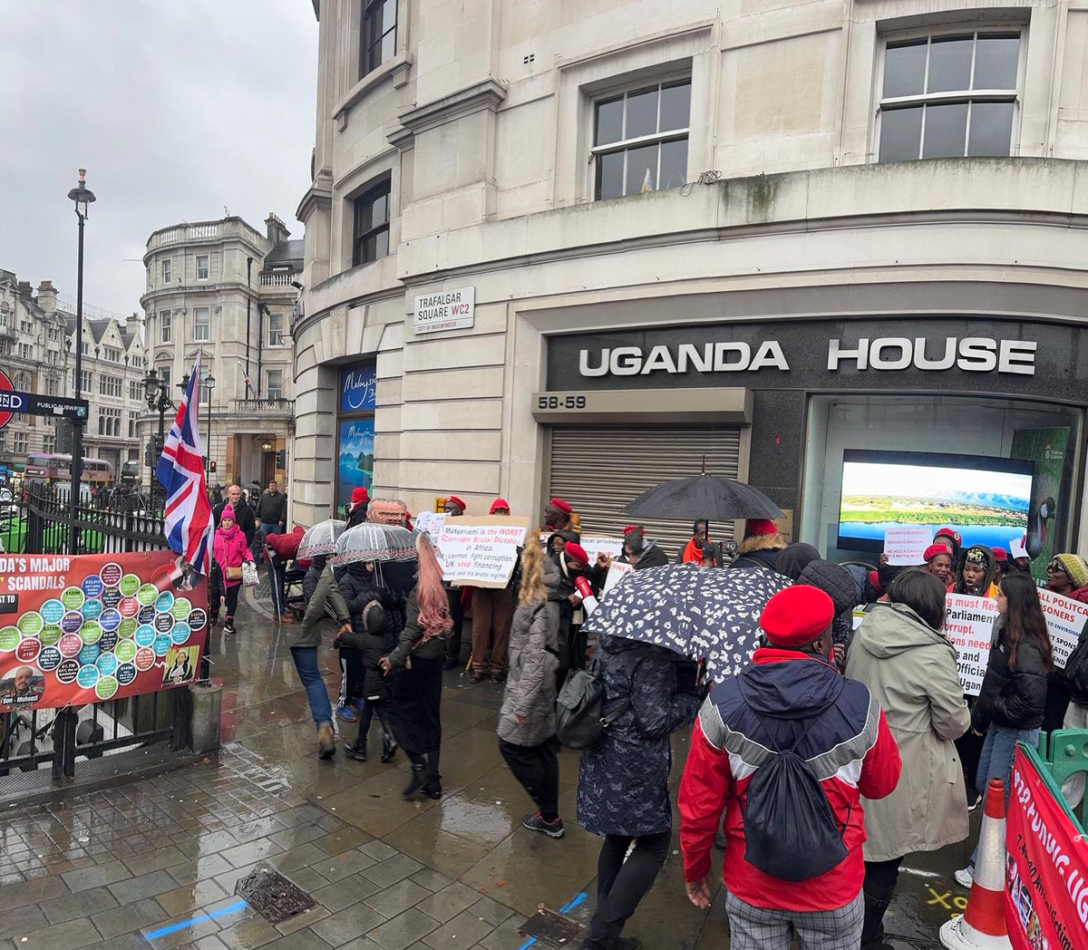 uk_nup's tweet photo. November is recognised in #Uganda as the Day of Remembrance in recognition of the 2020 massacre of peaceful protesters and innocent bystanders.

Rain and the freezing British cold winter wind could not spoil the plans of a large group of Ugandans and human rights campaigners in the #UK who gathered at the Uganda High Commission in London @UGHighCommLDN today in a #vigil to honour the memory of hundreds of peaceful protesters and bystanders #murdered by the Ugandan police and military in November 2020 on the order of dictator @KagutaMuseveni and his son @mkainerugaba who trained at the Royal Military Academy Sandhurst UK and at Fort Leavenworth, USA and is the current head of Ugandan military and headed the notorious "Special Forces Command" (SFC) death squads, and commanded the Land Forces.

The vigil also served as a peaceful protest calling for officials responsible for the #massacre and for ongoing incidents of abduction, repression and human rights abuses to be brought to international justice. @IntlCrimCourt @volker_turk @NUP_Ug @UN_SPExperts @MaryLawlorhrds @FCDOGovUK @UKinUganda @Parliament_Ug @MODVA_UPDF @PoliceUg @SenateForeign @DavidLammy @Lord_Collins @FCDOHumanRights @GOVUK @KarimKhanQC @StateDept @AsstSecStateAF @KampalaJournal @DailyMonitor @UNHumanRights @CommonsForeign @UKParliament @achpr_cadhp  @UNGeneva @JanSadek @observerug @EUinUG @UHRC_UGANDA @UN_HRC @Europarl_EN @EU_Commission @HumanRightsCtte @BBCAfrica  @BBCWorld @guardian @metpoliceuk @RMASandhurst @DefenceHQ @LisaJChesney @UKHouseofLords @JohnHealey_MP @10DowningStreet @alexsobel @HouseofCommons @AdmTonyRadakin_ @AmnestyUK