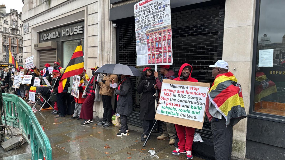 uk_nup's tweet photo. November is recognised in #Uganda as the Day of Remembrance in recognition of the 2020 massacre of peaceful protesters and innocent bystanders.

Rain and the freezing British cold winter wind could not spoil the plans of a large group of Ugandans and human rights campaigners in the #UK who gathered at the Uganda High Commission in London @UGHighCommLDN today in a #vigil to honour the memory of hundreds of peaceful protesters and bystanders #murdered by the Ugandan police and military in November 2020 on the order of dictator @KagutaMuseveni and his son @mkainerugaba who trained at the Royal Military Academy Sandhurst UK and at Fort Leavenworth, USA and is the current head of Ugandan military and headed the notorious "Special Forces Command" (SFC) death squads, and commanded the Land Forces.

The vigil also served as a peaceful protest calling for officials responsible for the #massacre and for ongoing incidents of abduction, repression and human rights abuses to be brought to international justice. @IntlCrimCourt @volker_turk @NUP_Ug @UN_SPExperts @MaryLawlorhrds @FCDOGovUK @UKinUganda @Parliament_Ug @MODVA_UPDF @PoliceUg @SenateForeign @DavidLammy @Lord_Collins @FCDOHumanRights @GOVUK @KarimKhanQC @StateDept @AsstSecStateAF @KampalaJournal @DailyMonitor @UNHumanRights @CommonsForeign @UKParliament @achpr_cadhp  @UNGeneva @JanSadek @observerug @EUinUG @UHRC_UGANDA @UN_HRC @Europarl_EN @EU_Commission @HumanRightsCtte @BBCAfrica  @BBCWorld @guardian @metpoliceuk @RMASandhurst @DefenceHQ @LisaJChesney @UKHouseofLords @JohnHealey_MP @10DowningStreet @alexsobel @HouseofCommons @AdmTonyRadakin_ @AmnestyUK