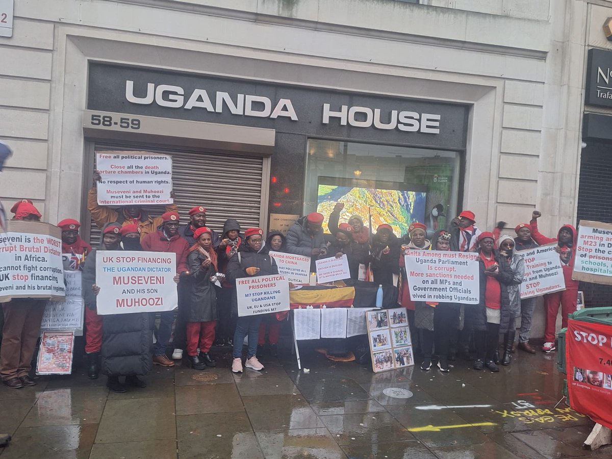 uk_nup's tweet photo. November is recognised in #Uganda as the Day of Remembrance in recognition of the 2020 massacre of peaceful protesters and innocent bystanders.

Rain and the freezing British cold winter wind could not spoil the plans of a large group of Ugandans and human rights campaigners in the #UK who gathered at the Uganda High Commission in London @UGHighCommLDN today in a #vigil to honour the memory of hundreds of peaceful protesters and bystanders #murdered by the Ugandan police and military in November 2020 on the order of dictator @KagutaMuseveni and his son @mkainerugaba who trained at the Royal Military Academy Sandhurst UK and at Fort Leavenworth, USA and is the current head of Ugandan military and headed the notorious "Special Forces Command" (SFC) death squads, and commanded the Land Forces.

The vigil also served as a peaceful protest calling for officials responsible for the #massacre and for ongoing incidents of abduction, repression and human rights abuses to be brought to international justice. @IntlCrimCourt @volker_turk @NUP_Ug @UN_SPExperts @MaryLawlorhrds @FCDOGovUK @UKinUganda @Parliament_Ug @MODVA_UPDF @PoliceUg @SenateForeign @DavidLammy @Lord_Collins @FCDOHumanRights @GOVUK @KarimKhanQC @StateDept @AsstSecStateAF @KampalaJournal @DailyMonitor @UNHumanRights @CommonsForeign @UKParliament @achpr_cadhp  @UNGeneva @JanSadek @observerug @EUinUG @UHRC_UGANDA @UN_HRC @Europarl_EN @EU_Commission @HumanRightsCtte @BBCAfrica  @BBCWorld @guardian @metpoliceuk @RMASandhurst @DefenceHQ @LisaJChesney @UKHouseofLords @JohnHealey_MP @10DowningStreet @alexsobel @HouseofCommons @AdmTonyRadakin_ @AmnestyUK