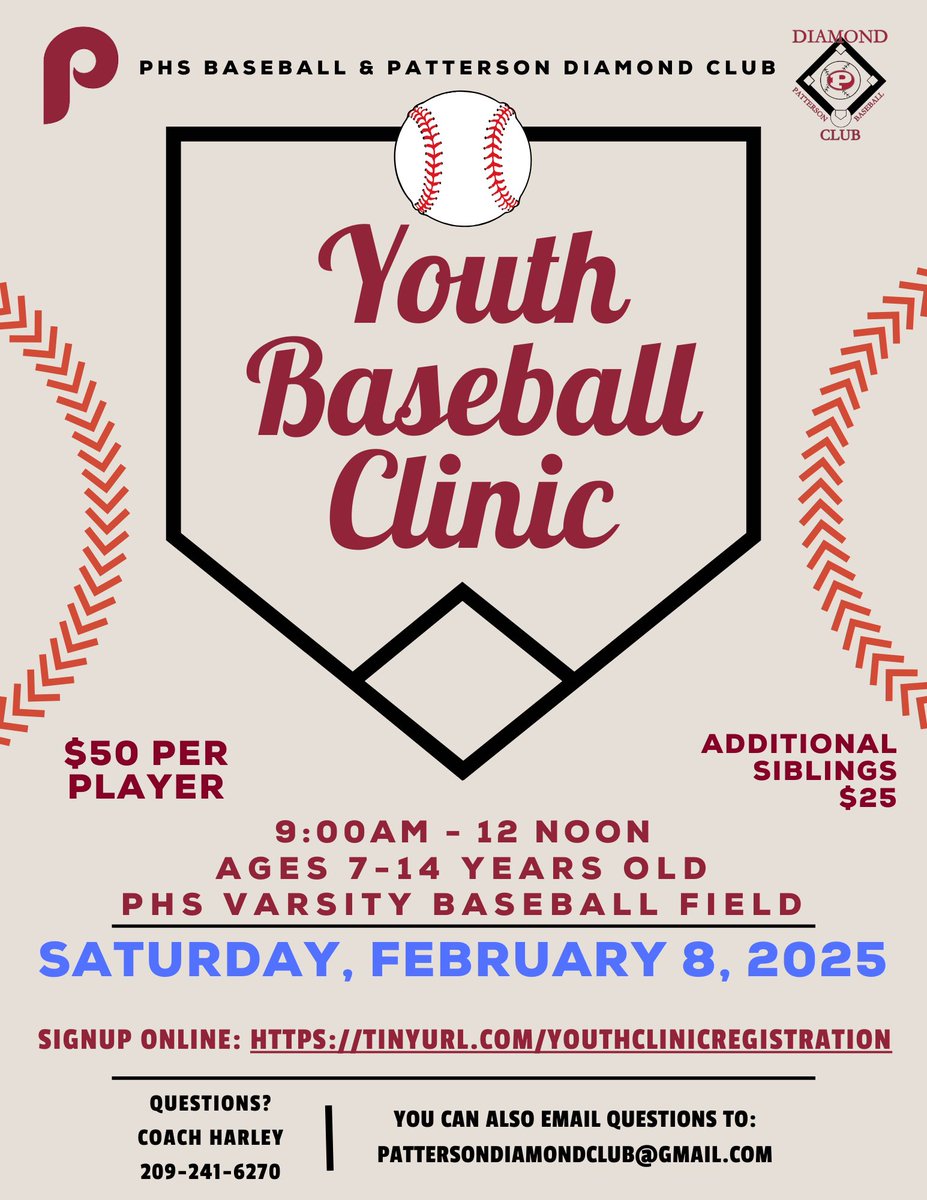 Save the date!! Our annual youth baseball clinic for 7-14 year olds will be in February!! You can sign up your kids anytime!! It’s always a great day of baseball… learning and developing new skills!! We can’t wait to see all our future Tigers!!

Link: tinyurl.com/YouthClinicReg…