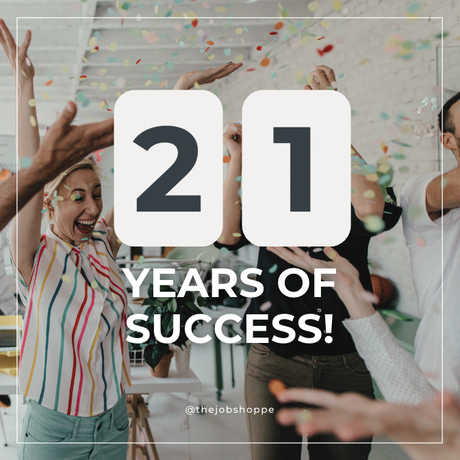 thejobshoppe's tweet photo. Today marks The Job Shoppe’s 21st anniversary! For over two decades, we’ve been committed to connecting talented individuals with meaningful career opportunities and helping our clients build exceptional teams. 

#AnniversaryCelebration #TheJobShoppeTurns21 #WorkforceSuccess https://t.co/bRux6PNWMA