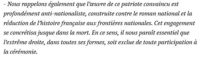 L'une des conditions posées par la très digne famille de Marc Bloch à sa panthéonisation (adressée à Bruno Roger-Petit, en charge de la mémoire pour Macron et dont on connaît la proximité avec l'extrême droite ... )
