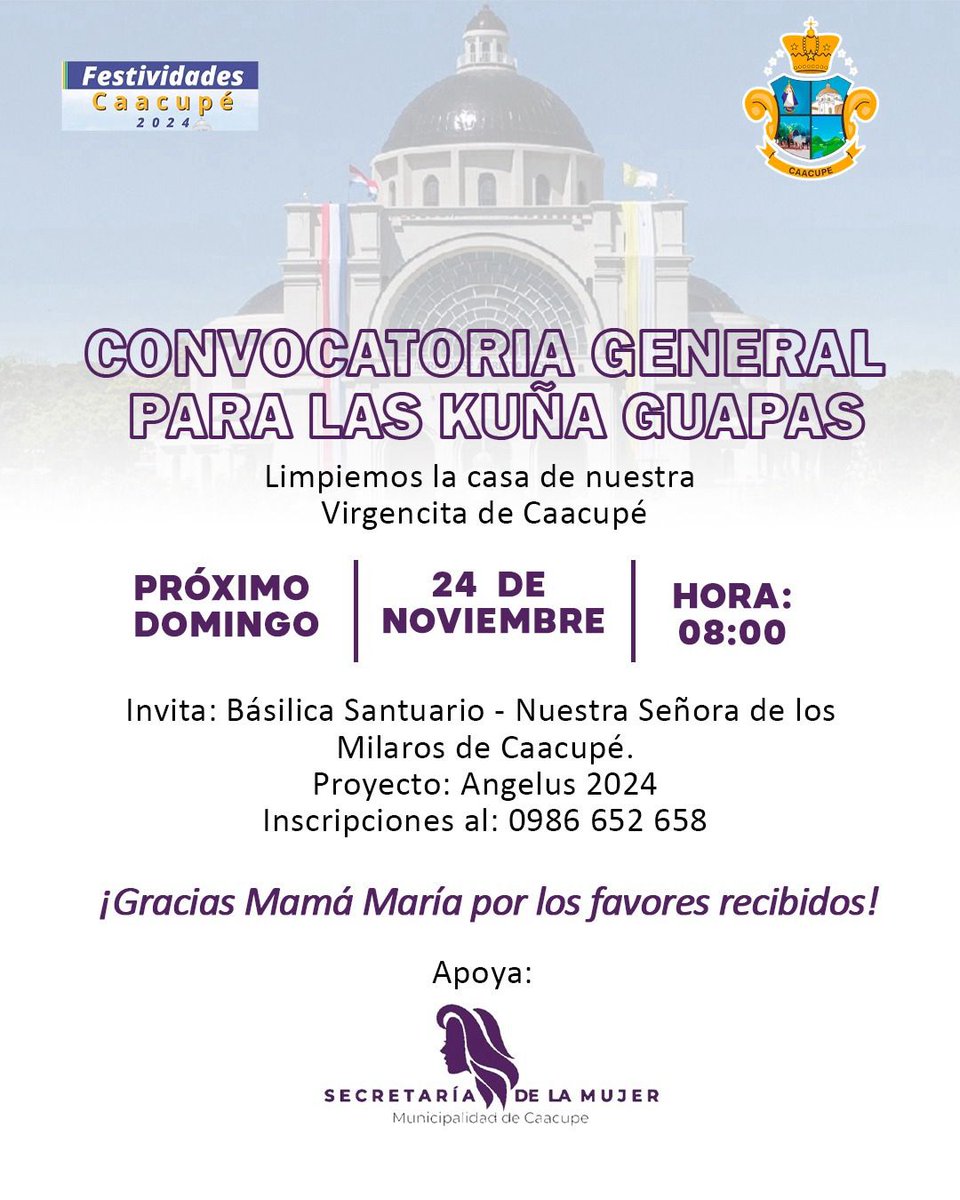 Perdón,  pero esto me hace ruido y me molesta.
Están llamando a las mujeres a limpiar el templo. El concepto errado de Kuña Guapa .
Por qué no piden a la feligresia, hombres y mujeres que ayuden .
Y el mensaje tiene el apoyo  de la municipalidad de Caacupé(secretaria de la mujer)