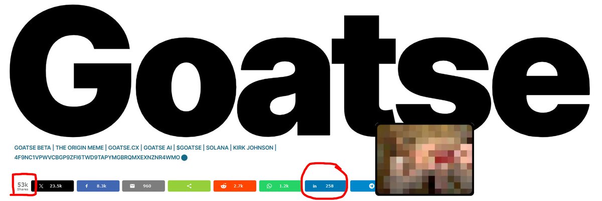 goatsedotcx's tweet photo. We just added social sharing to the https://t.co/KzQN64cYRt website. The total shares is 53K. https://t.co/QBeGoH0PCS was shared only 258 times on LinkedIn. We must improve this. https://t.co/ctuXC2Nivq