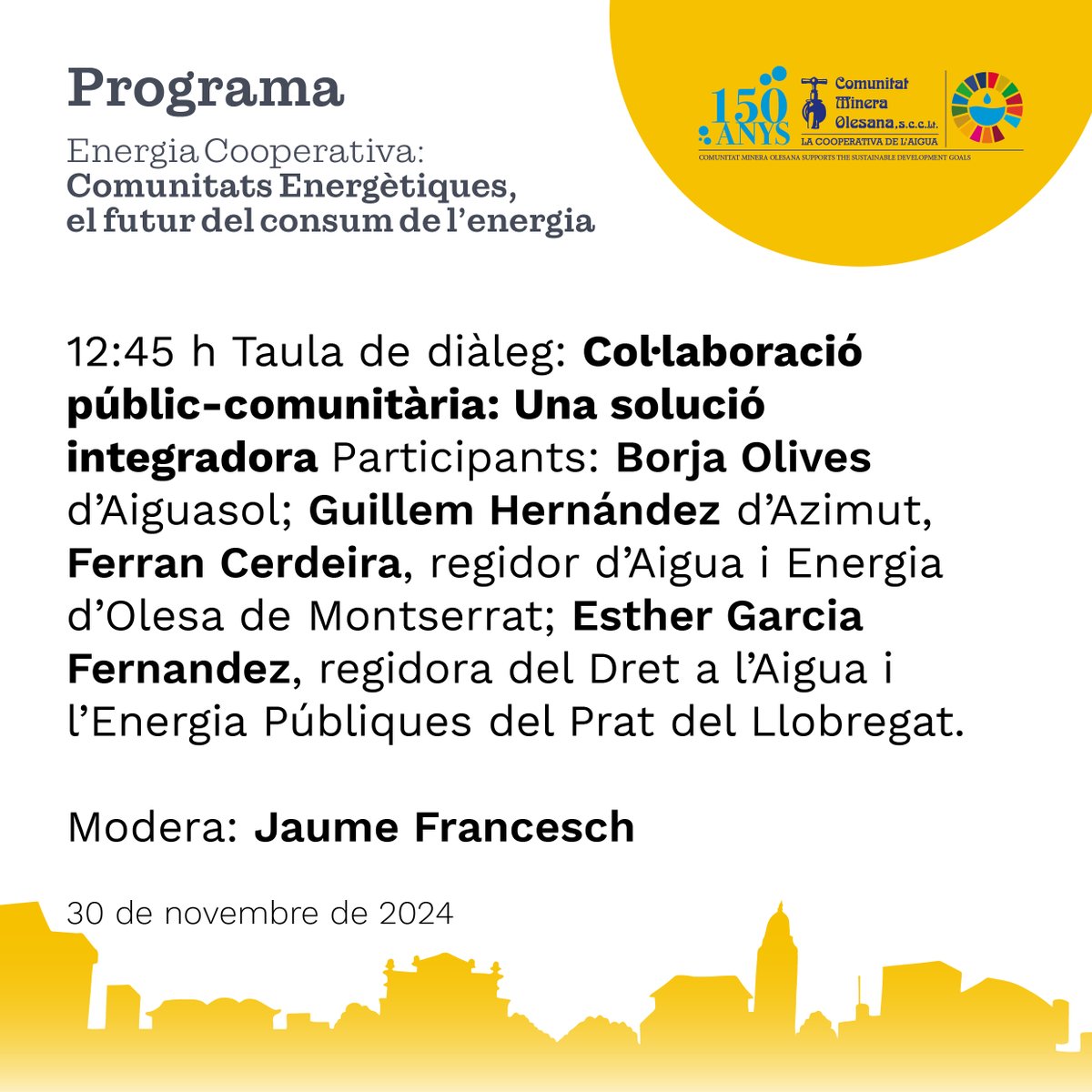 C Minera Olesana (@cmineraolesana) on Twitter photo <a href="/AjuntamentOlesa/">Ajuntament d'Olesa</a> <a href="/olesaradio/">Olesa Ràdio</a> <a href="/JoanArevaloVil1/">Joan Arevalo Vila</a> <a href="/herrerajoan/">Joan Herrera</a> <a href="/Jordiparent/">jordi Parent</a> <a href="/FerranCeCa/">Ferran Cerdeira</a> <a href="/LaBastidaFund/">Fundació La Bastida</a> <a href="/SomComunitats/">SomComunitats</a> <a href="/checa_soler/">Lluís Checa Soler</a> <a href="/jFrancesch/">jaume francesch</a> <a href="/serranoPF/">Francisco Serrano</a> <a href="/grupclade/">Grup Clade</a> <a href="/RamonRoigSole/">Ramon Roig Solé</a> <a href="/Balenya_Soste/">Balenyà Sostenible</a> <a href="/AdriaCamino/">Adrià Camino Fideu</a> <a href="/infocastellvi/">Castellví de Rosanes</a> 12:45 h Taula de diàleg: Col·laboració públic-comunitària: Una solució integradora. Amb B.Olives d’Aiguasol; G.Hernández d’Azimut, Ferran Cerdeira, regidor d’Aigua i Energia d’Olesa; E. Garcia, regidora del Dret a l’Aigua i l’Energia Públiques del Prat Ll. Modera: Jaume Francesch <a href="/AjuntamentOlesa/">Ajuntament d'Olesa</a> <a href="/olesaradio/">Olesa Ràdio</a> <a href="/JoanArevaloVil1/">Joan Arevalo Vila</a> <a href="/herrerajoan/">Joan Herrera</a> <a href="/Jordiparent/">jordi Parent</a> <a href="/FerranCeCa/">Ferran Cerdeira</a> <a href="/LaBastidaFund/">Fundació La Bastida</a> <a href="/SomComunitats/">SomComunitats</a> <a href="/checa_soler/">Lluís Checa Soler</a> <a href="/jFrancesch/">jaume francesch</a> <a href="/serranoPF/">Francisco Serrano</a> <a href="/grupclade/">Grup Clade</a> <a href="/RamonRoigSole/">Ramon Roig Solé</a> <a href="/Balenya_Soste/">Balenyà Sostenible</a> <a href="/AdriaCamino/">Adrià Camino Fideu</a> <a href="/infocastellvi/">Castellví de Rosanes</a> 12:45 h Taula de diàleg: Col·laboració públic-comunitària: Una solució integradora. Amb B.Olives d’Aiguasol; G.Hernández d’Azimut, Ferran Cerdeira, regidor d’Aigua i Energia d’Olesa; E. Garcia, regidora del Dret a l’Aigua i l’Energia Públiques del Prat Ll. Modera: Jaume Francesch