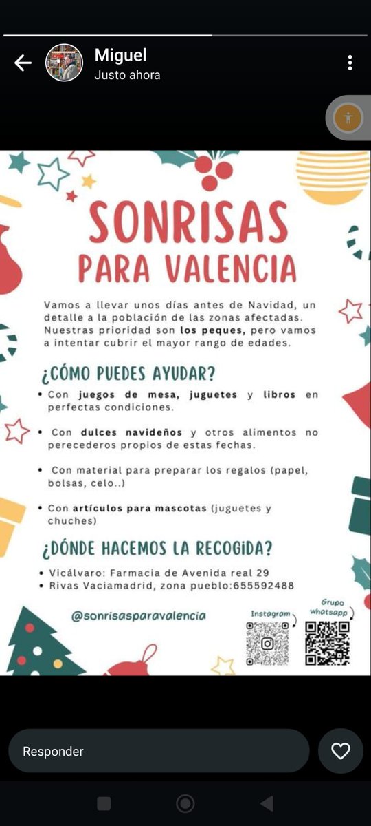 #DANA

Recogida de:

✔️ Juguetes y libros
✔️ Dulces navideños
✔️ Material para envolver regalos
✔️ Artículos para mascotas

📍En la farmacia de la calle Real, 29 en #Vicálvaro.

¡Colabora y envía #SonrisasParaValencia!