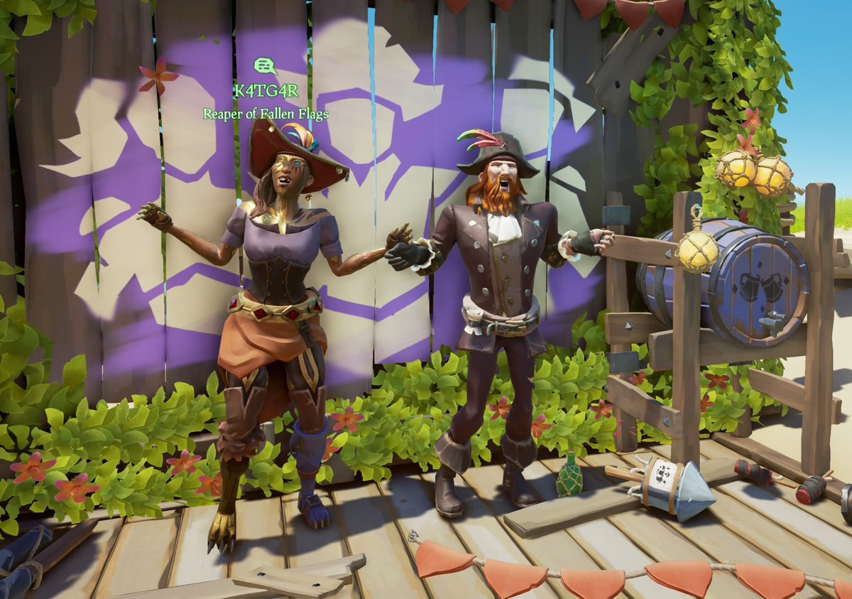 TheHippieSinger's tweet photo. Had an awesome sail with @K4TG4R !! We did a my Lucky Voyage, Special Voyage SeaFort and chased off a Reaper sloop that tried to interfere! All in all, had a grand ol' time! #BeMorePirate #SOTCommunityWeekend https://t.co/TxnaqRZJ5a