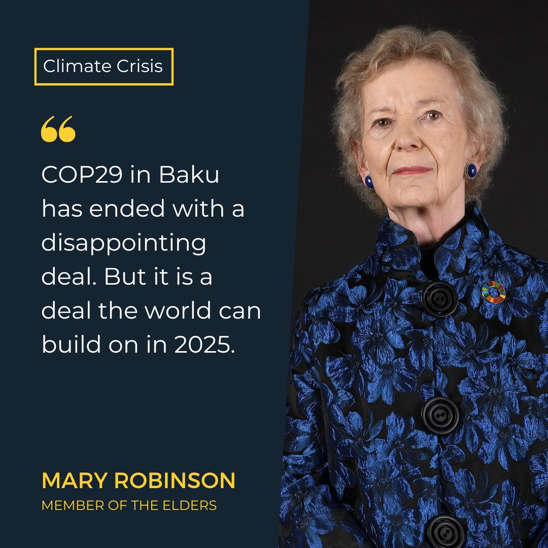 Mary Robinson calls out the shortcomings of the final COP29 agreement in Baku. 

Full quote ⬇️

COP29 in Baku has been one of the most difficult COPs I can remember. It came very close to failure and it has ended with a disappointing deal. But it is a deal the world can build on
