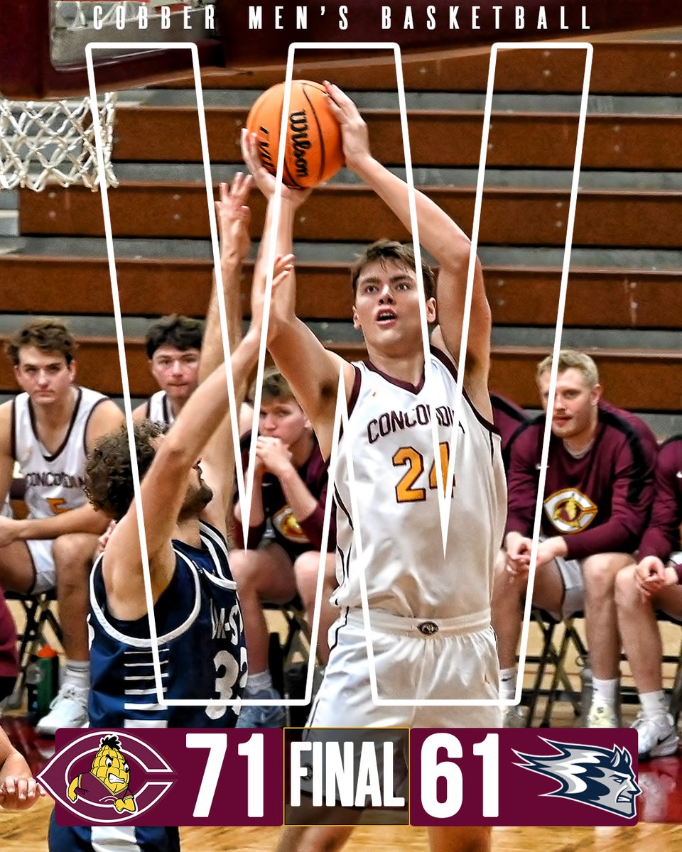 𝗖𝗢𝗕𝗕𝗦 𝗪𝗜𝗡! 𝗖𝗢𝗕𝗕𝗦 𝗪𝗜𝗡! 
Cobber men's basketball uses the strength of their inside game to pull away from UW-Stout for their 3rd straight win!
- Jackson Loge⬇️: 23 pts., 10 reb.
- Jacob Cook: 18 pts., 4 asst.
- Rowan Nelson: 14 pts.