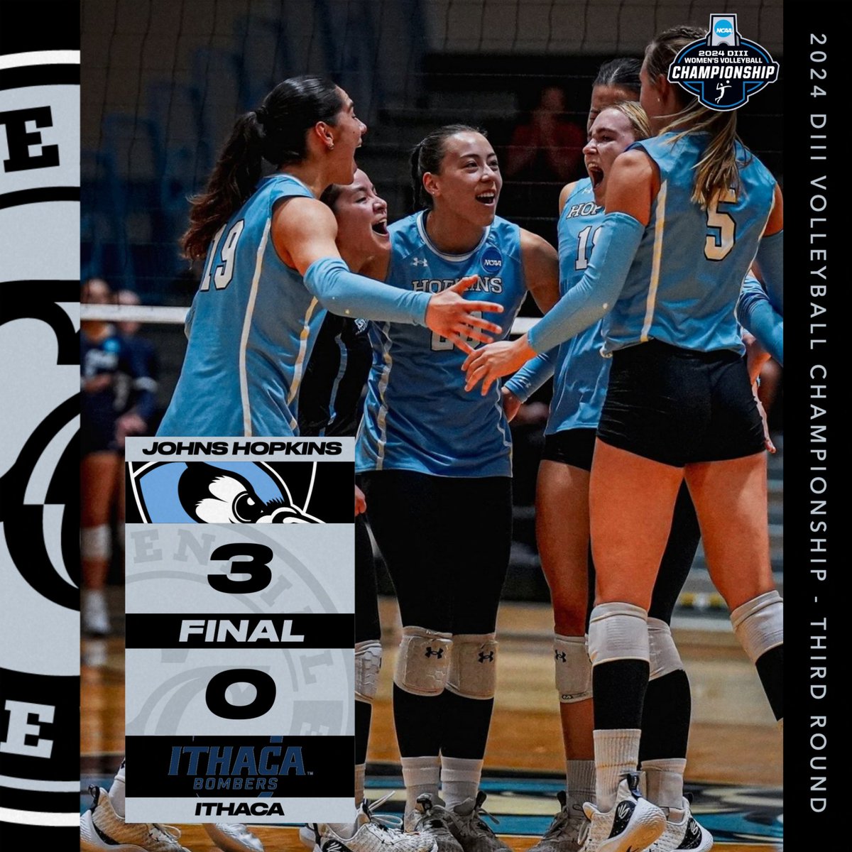 CentennialConf's tweet image. VB | NCAA REGIONAL CHAMPS 

🧹🧹🧹@JHUVB defeats Ithaca 3-0 in the NCAA Baltimore Regional Final

The Blue Jays punch their ticket to a third straight NCAA Elite 8⃣ appearance. 

#CentConf #CCvb #d3vb
