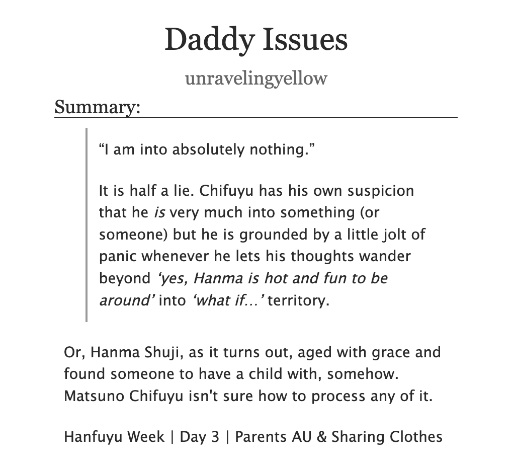 DADDY ISSUES
Hanfuyu | Mildly Explicit | 33K

A late entry for #HanfuyuWeek2024 Day 3:
Parents AU | Sharing Clothes

Read it here: archiveofourown.org/works/60792904