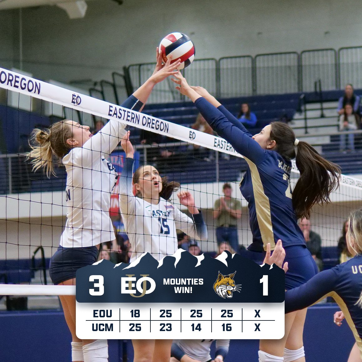 𝑷𝑼𝑵𝑪𝑯𝑬𝑫 𝑶𝑼𝑹 𝑻𝑰𝑪𝑲𝑬𝑻🎟

Eastern Oregon Volleyball is headed to Sioux City after defeating UC Merced 3-1 in the NAIA National Championship Opening Round!

#MountUp | #EOUvb