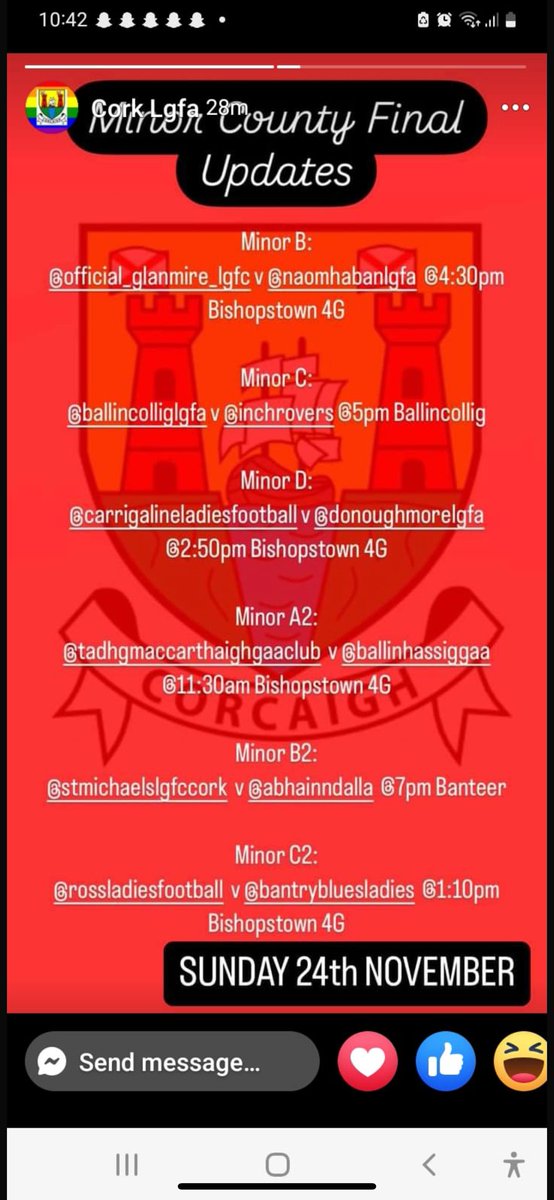 Tomorrows minor final v Carrigaline will now take place at 2 50pm in Bishopstown GAA 4G pitch. 🏴🏳️