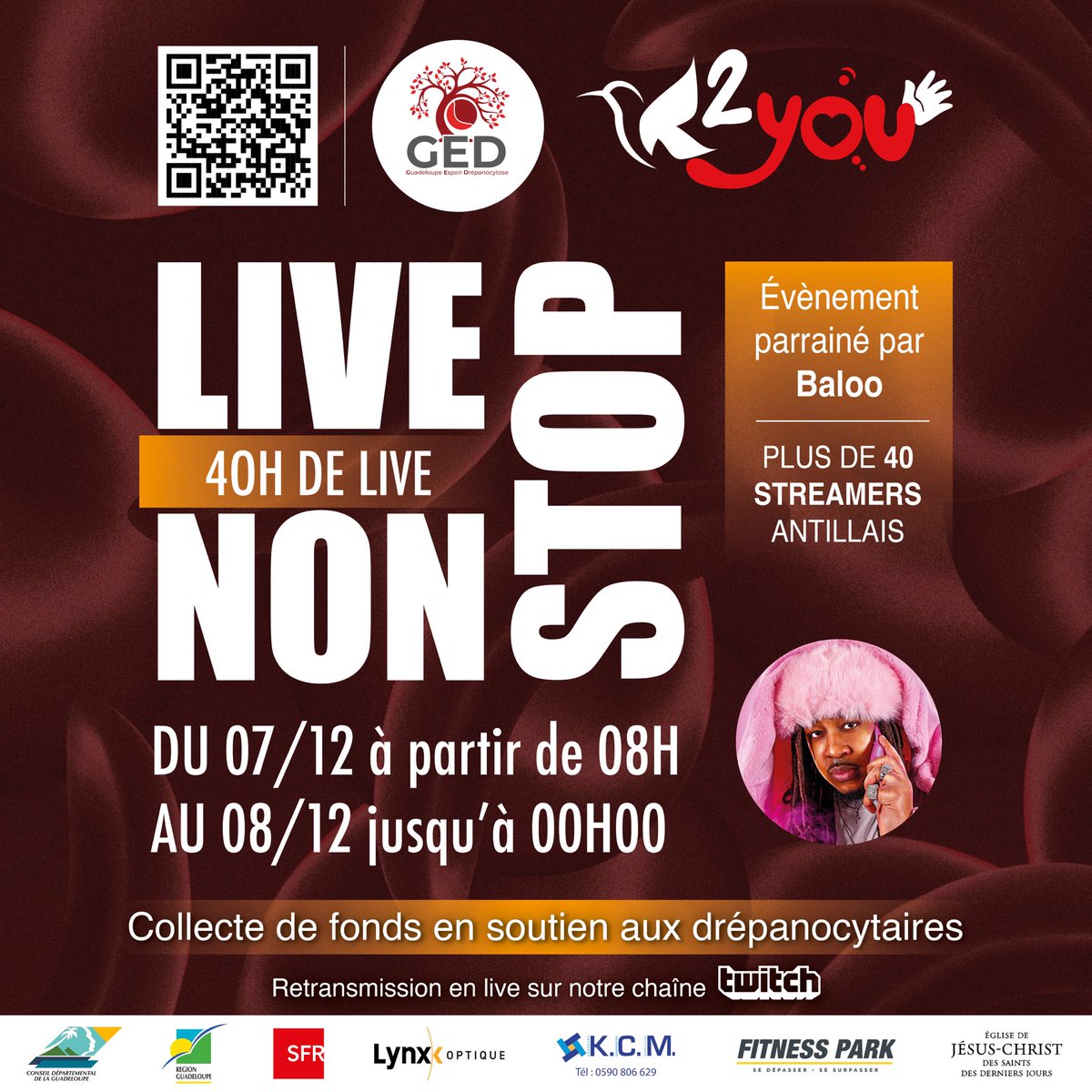 C’est avec le cœur que nous vous présentons K2 YOU le live caritatif des Antilles.  
MERCI À @imjustbaloo , QUI NE CESSE DE REPRÉSENTER LES COULEURS DES ANTILLES, GROS BIG UP À LUI 🫶🫶🫶

 7 &amp; 8 décembre 40h de live sur Twitch
Restez connectés 🤫😉 

Peace &amp; Love, K2 Esports ✌️