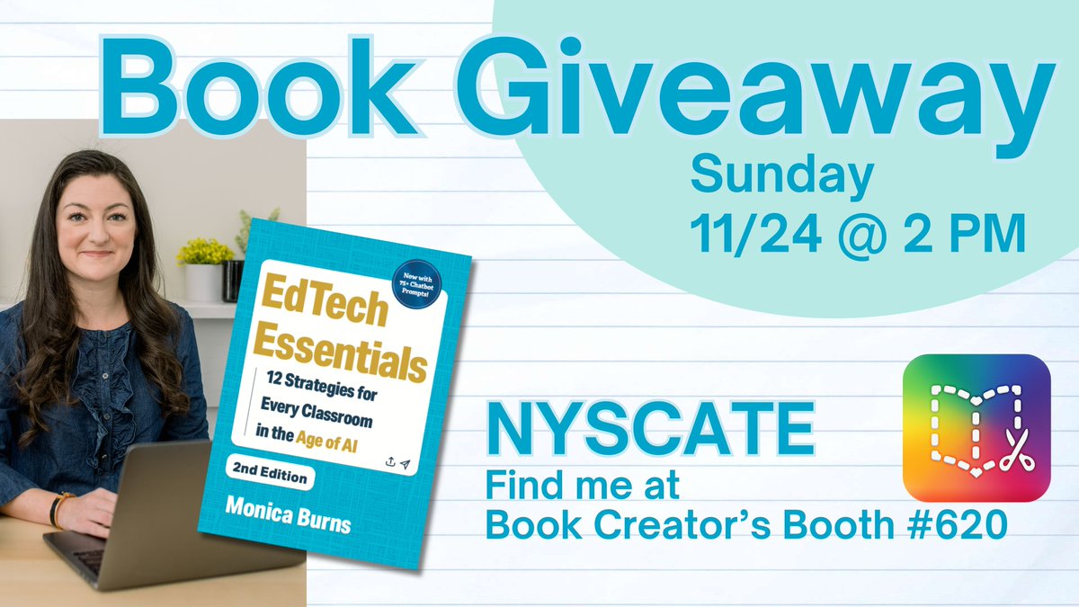ClassTechTips's tweet image. 🚀 Want to win the latest *EdTech Essentials*? Head to booth #620 on 11/24 at 2pm during #NYSCATE with @BookCreatorApp. Hope to see you there! 📖✨ #EdTechChat