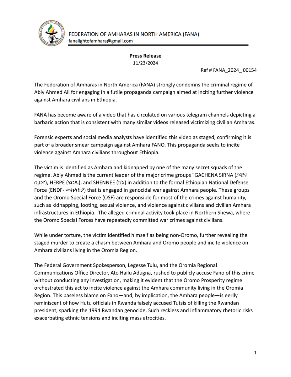 Fana4Amhara's tweet photo. ⚡️PRESS RELEASE: The Federation of Amharas in North America (FANA) Condemns @AbiyAhmedAli's Regime for Orchestrated Propaganda and Incitement of Violence Against Amhara Civilians. https://t.co/FOPajax8F6
