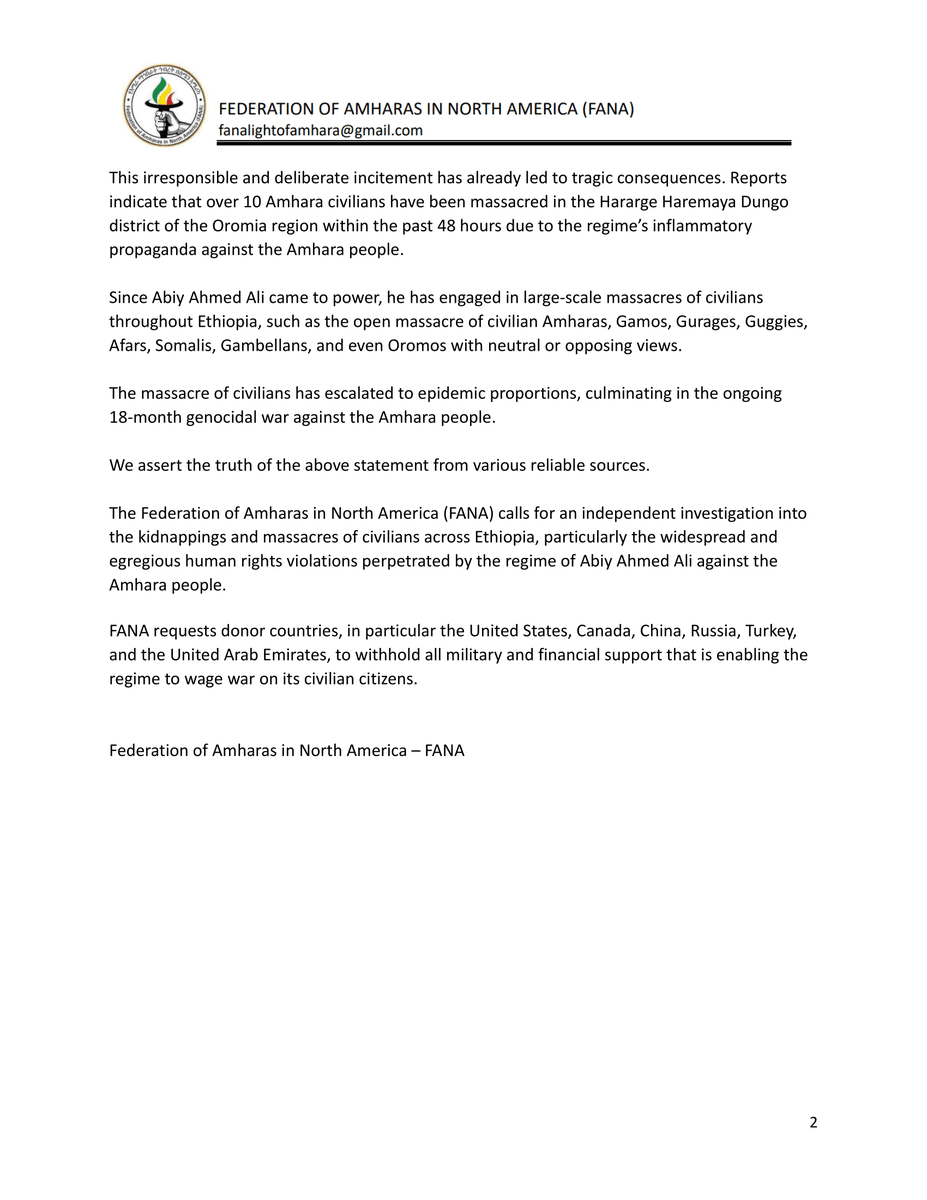 ⚡️PRESS RELEASE: The Federation of Amharas in North America (FANA) Condemns <a href="/AbiyAhmedAli/">Abiy Ahmed Ali 🇪🇹</a>'s Regime for Orchestrated Propaganda and Incitement of Violence Against Amhara Civilians.