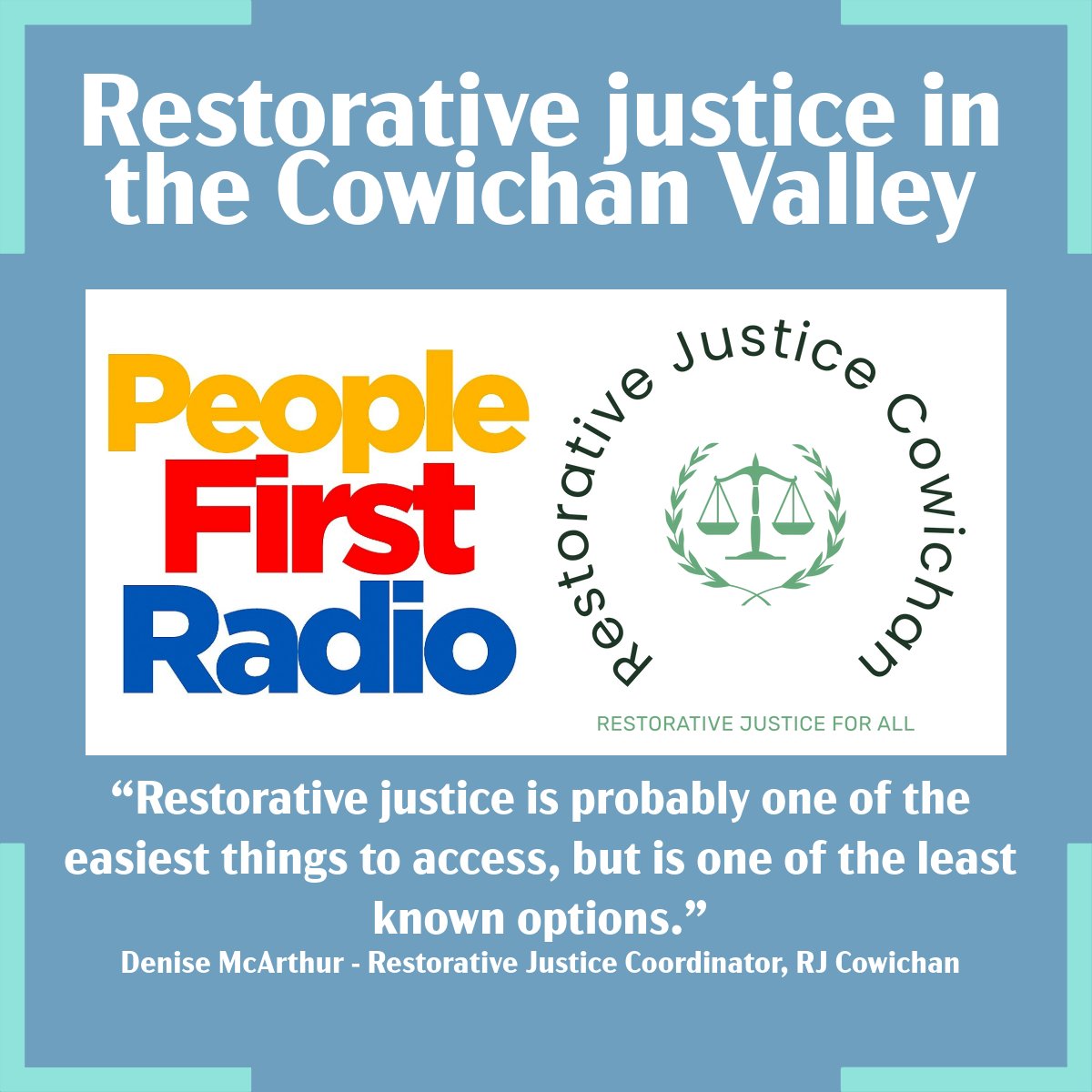 In October PFR spoke with Denise McArthur from Restorative Justice Cowichan, who said restorative justice is "probably one of the easiest things to access, but is one of the least known options."

Full interview: 
vancouverislandmentalhealthsociety.org/podcast/restor…

<a href="/VIMentalHealth/">VIMentalHealth</a>