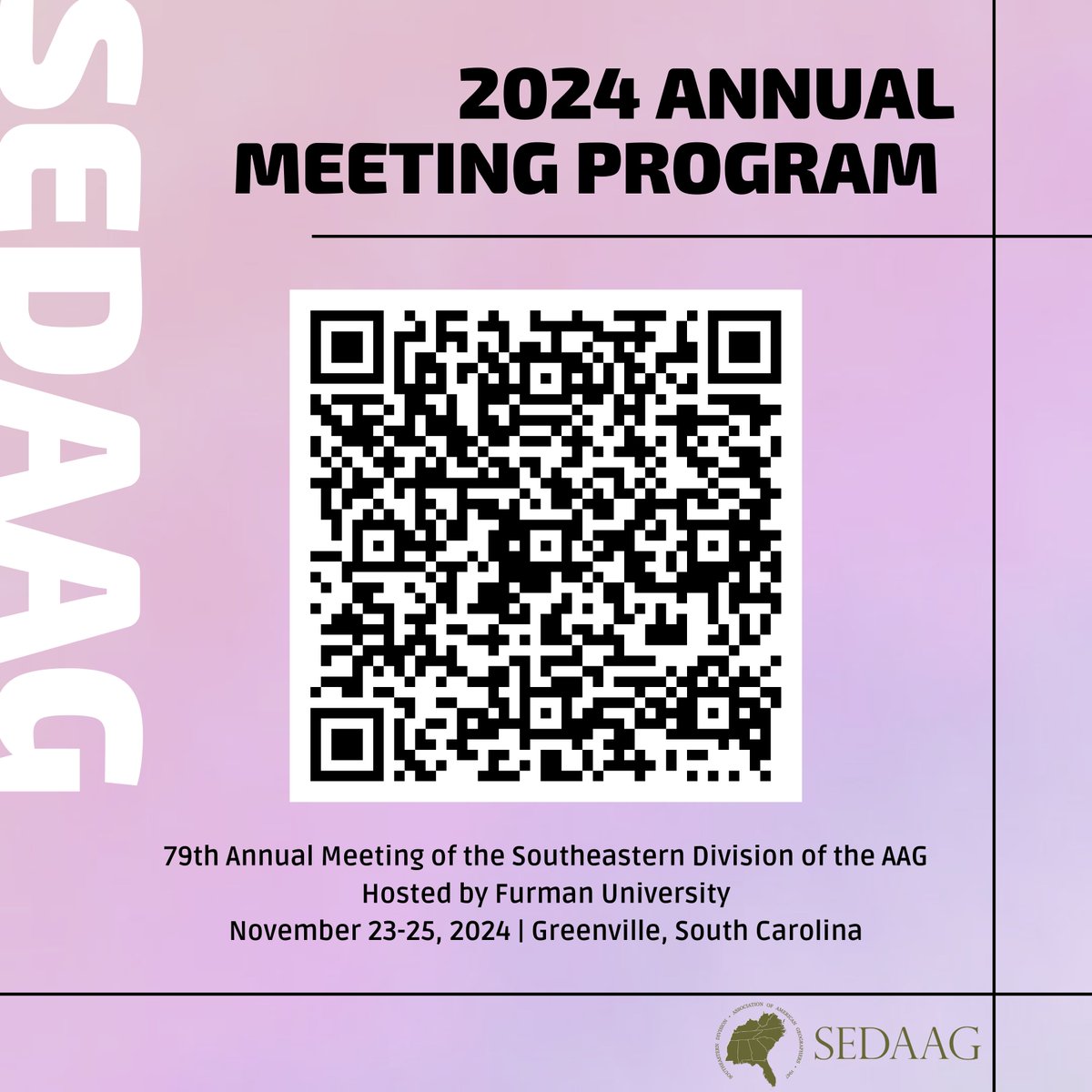 Welcome to Greenville, South Carolina for the 79th Annual SEDAAG Meeting! Keep an eye out on our social media pages for updates throughout the next couple of days. If you share anything on social media, please tag us so we can celebrate you, too! 
#SEDAAG2024