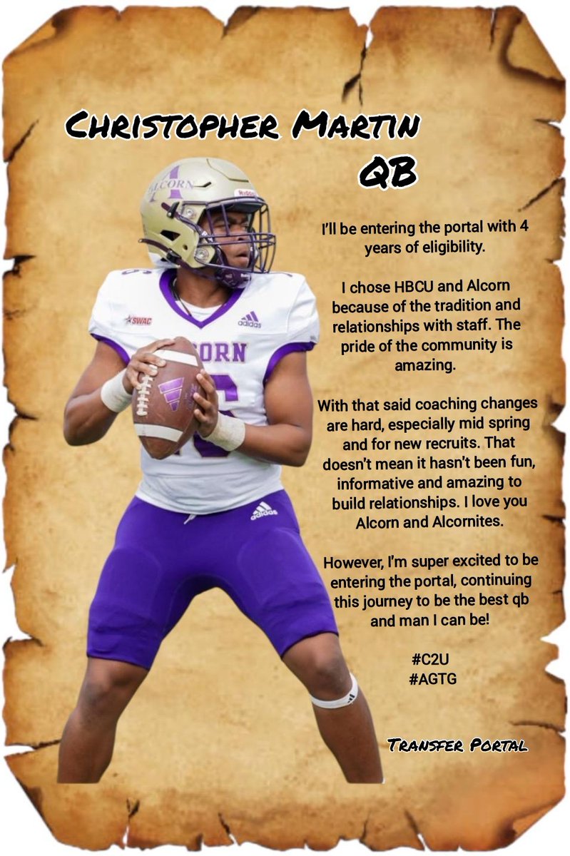It is my intent to enter the transfer portal with 4 years of eligibility. Thank you Alcorn and Alcornites. Excited for this next chapter.