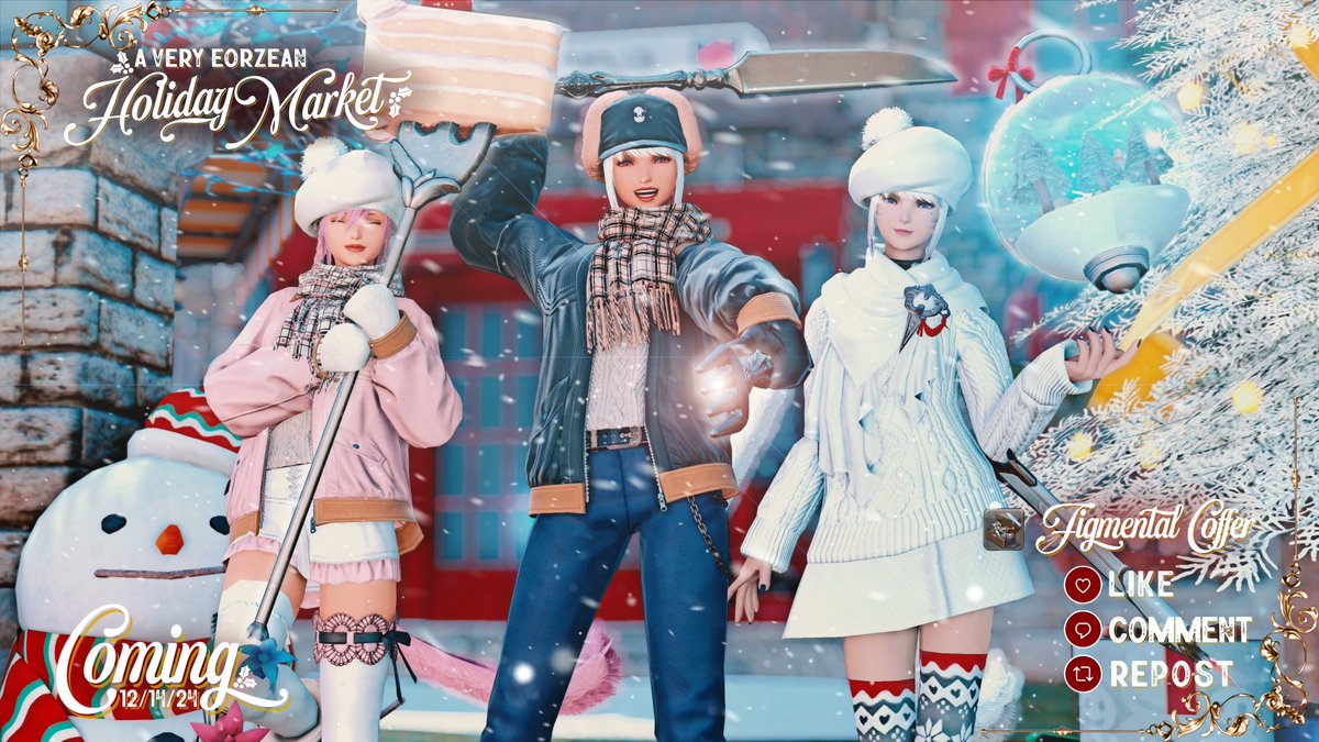 ValkyrieClubXIV's tweet image. As a proud partner of the Eorzean Holiday Market returning on Dec. 14th, VALKYRIE is giving away a Figmental Weapon Coffer! ☃️

To enter, comment which Figmental weapon you're hoping to win then like &amp;amp; repost this post! Contest ends Dec. 1st! Good luck &amp;amp; we hope to see you there!