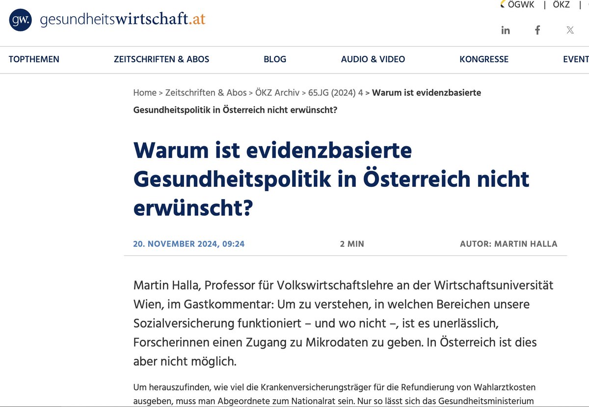 Warum ist evidenzbasierte Gesundheitspolitik in 🇦🇹Österreich nicht erwünscht?

Um herauszufinden, wie viel die Krankenversicherungsträger für die Refundierung von Wahlarztkosten ausgeben, muss man Abgeordnete zum Nationalrat sein. Nur so lässt sich das Gesundheitsministerium
