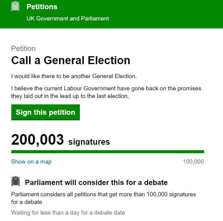 ⚠️UPDATE - NOW AT 200K⚠️

The Petition to CALL A GENERAL ELECTION has now had OVER 200,000 signatures in 5 hours - a UK record🚀

Let's get it to 500K📈

Want to SACK Starmer? 💯
EVICT Labour from Parliament? ✅
Please SIGN &amp; SHARE ⤵️🙏 

Petition link: petition.parliament.uk/petitions/7001…