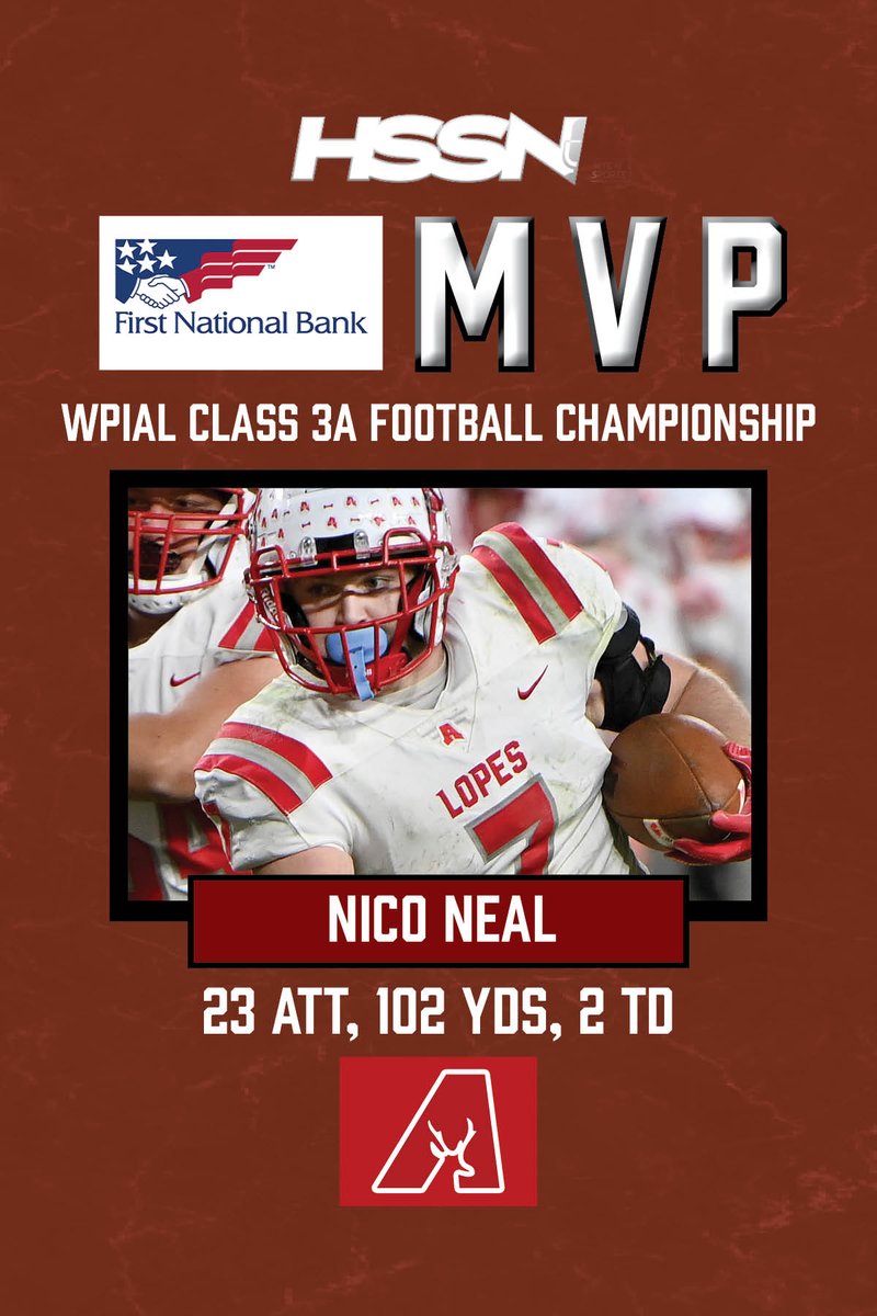 TribLive HSSN (@triblivehssn) on Twitter photo Nico Neal eclipses 100 on the ground and scores twice in a dominant ground performance. He's our 3A Player of the Game, presented by First National Bank.
<a href="/AvonworthFB/">Avonworth Football</a> | <a href="/AvonworthA/">Avonworth Athletics</a> | #HSSN Nico Neal eclipses 100 on the ground and scores twice in a dominant ground performance. He's our 3A Player of the Game, presented by First National Bank.
<a href="/AvonworthFB/">Avonworth Football</a> | <a href="/AvonworthA/">Avonworth Athletics</a> | #HSSN
