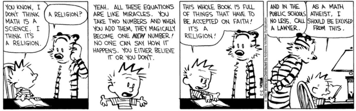 Calvin’s got a point… math miracles or math religion? 🤔 #CalvinAndHobbes #MathHumor