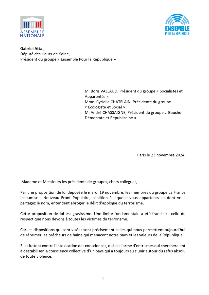 DeputesEnsemble's tweet photo. Face à la volonté exprimée par la France Insoumise d'abroger le délit d'apologie du terrorisme, @GabrielAttal s’adresse solennellement aux présidents des groupes socialiste, écologiste et communiste. https://t.co/cXBSImlDfv