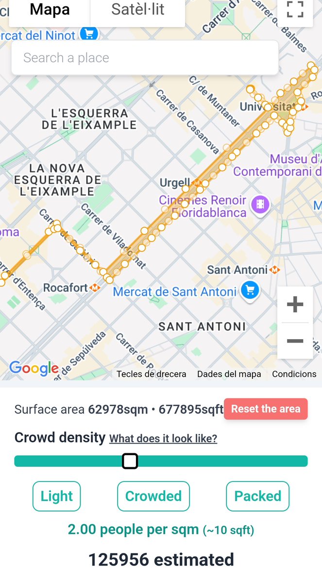 Hem fet estimació de participació a manifestació habitatge quan ocupava 62.978 m2, entre pl. Universitat i carrer Aragó. Hem descartat voreres i atorgat densitat de 2 persones m2. Ens surt un mínim de 126.000 manifestants. GUB diu 22.000 🤔 directa.cat/barcelona-viu-… <a href="/La_Directa/">Directa</a>