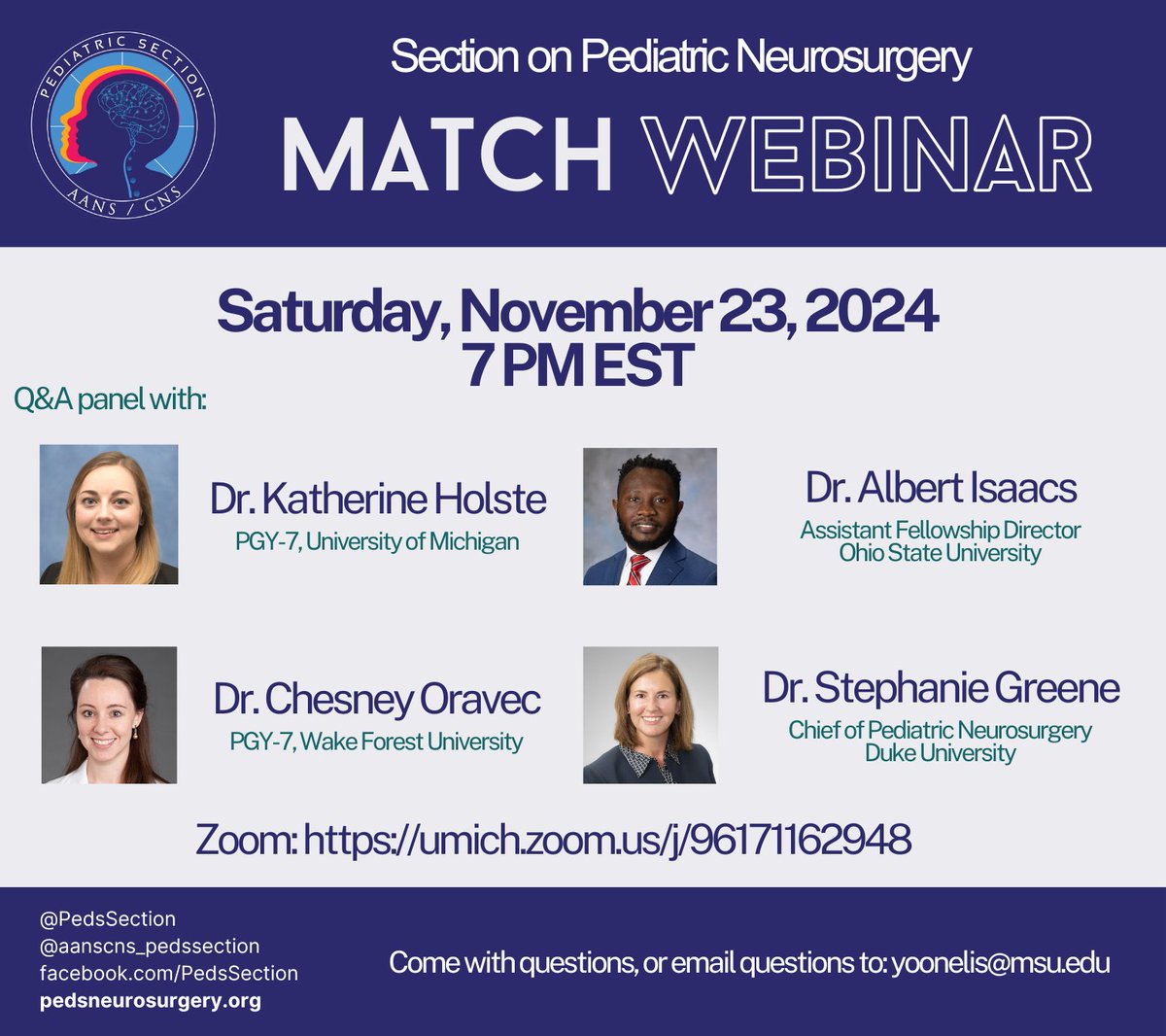 Join us tonight to learn more about the pediatric match process and fellowship! 7 PM EST <a href="/KHolsteMD/">Katherine Holste</a> <a href="/PedsSection/">AANS/CNS Peds Section</a>
