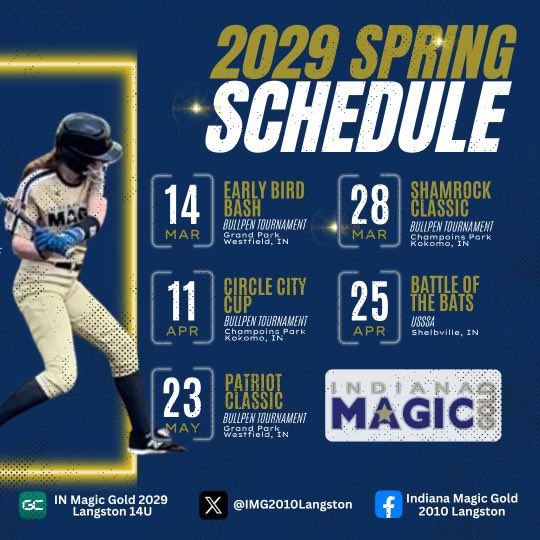 IMG2010Langston's tweet photo. SPRING UPDATE:  Can’t wait to watch our 2029 Indiana Magic Gold Langston Spring team come out and light it up beginning in March!!! Come check em out and follow us as they do some damage this spring!!! Follow us for schedule updates and more info!  #magicgold 🔥 🥎 https://t.co/3iPSHNNhEz