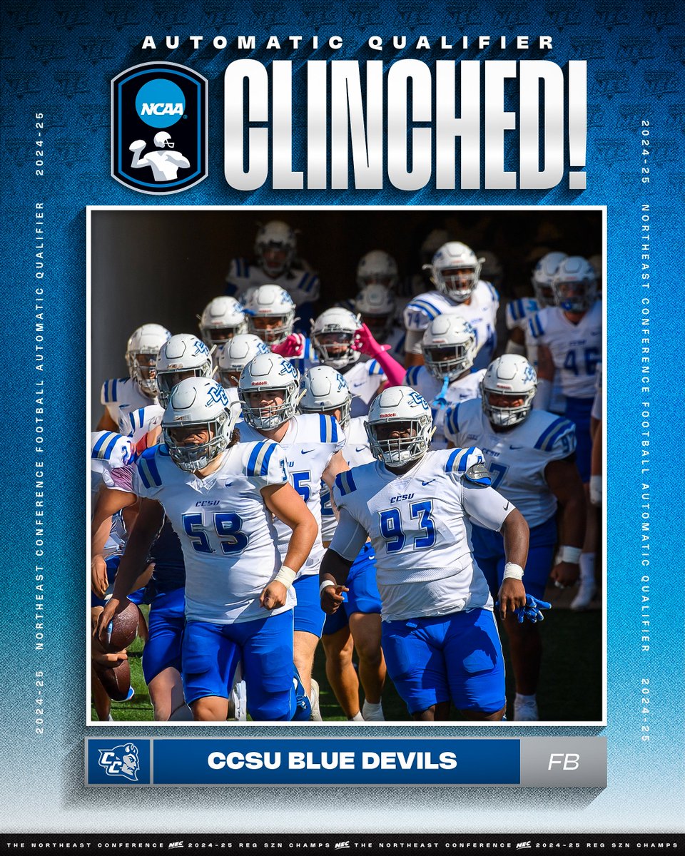 NECFootball's tweet image. 🏈 𝗧𝗵𝗲 🔵😈 𝗮𝗿𝗲 𝗕𝗔𝗖𝗞!
Picked to finish last in the preseason poll, @ccsu_fb knocked off undefeated Duquesne to earn a piece of the 👑 and claim #NECFB's AQ to the @NCAA_FCS Playoffs for the first time since 2019!
@CCSUBlueDevils x #NECchamps🏆