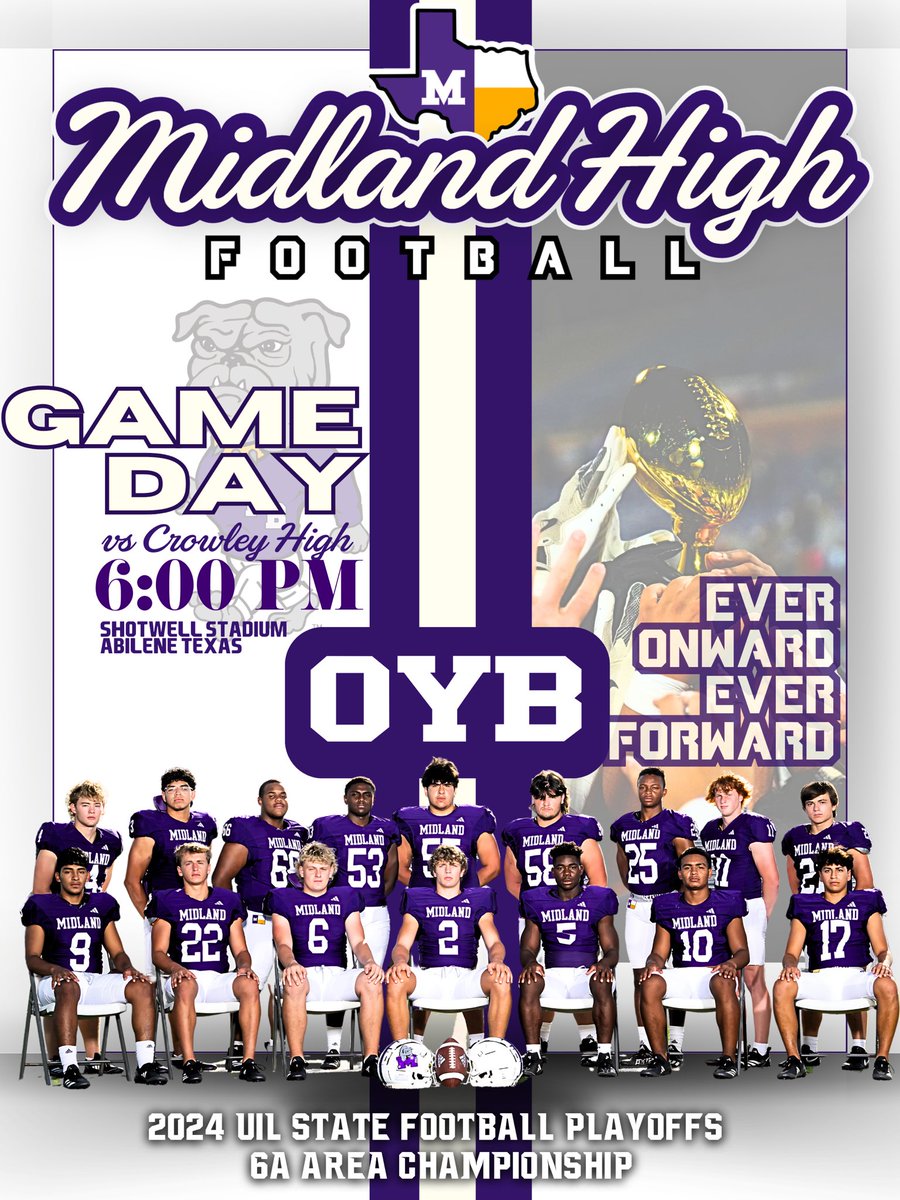 Midland High Football (@midlandhighfb) on Twitter photo Leave the jersey better than you found it. 
🆚 Crowley
📍 Abilene, TX
🏟 Shotwell Stadium
📆 11.23.24  
⏰ 6:00 PM 
🎟 abileneisd.org/o/aisd/page/ti…
📺 midlandisdsports-bulldogs.com/broadcasts
📻KFZX 102.1 FM
It’s a GREAT DAY to be a Bulldog!
🟣⚪️
#OYB Leave the jersey better than you found it. 
🆚 Crowley
📍 Abilene, TX
🏟 Shotwell Stadium
📆 11.23.24  
⏰ 6:00 PM 
🎟 abileneisd.org/o/aisd/page/ti…
📺 midlandisdsports-bulldogs.com/broadcasts
📻KFZX 102.1 FM
It’s a GREAT DAY to be a Bulldog!
🟣⚪️
#OYB