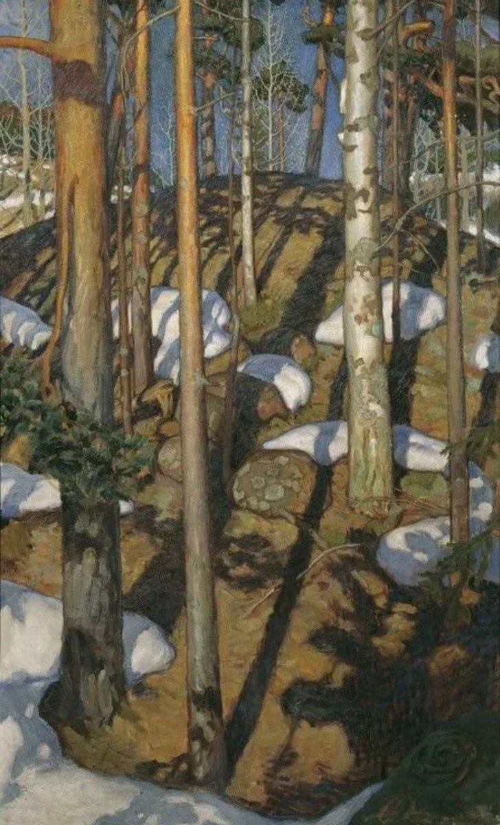 ahistoryinart's tweet photo. Akseli Gallen-Kallela is famous for his illustrations of the Finnish national epic, the Kalevala, and for his vibrant and luminous paintings of Finland’s countryside and people, with this work 'Spring at Kalela,' at the turn of the New century, he achieved a stylistic culmination of his national romantic period of the 1890s.