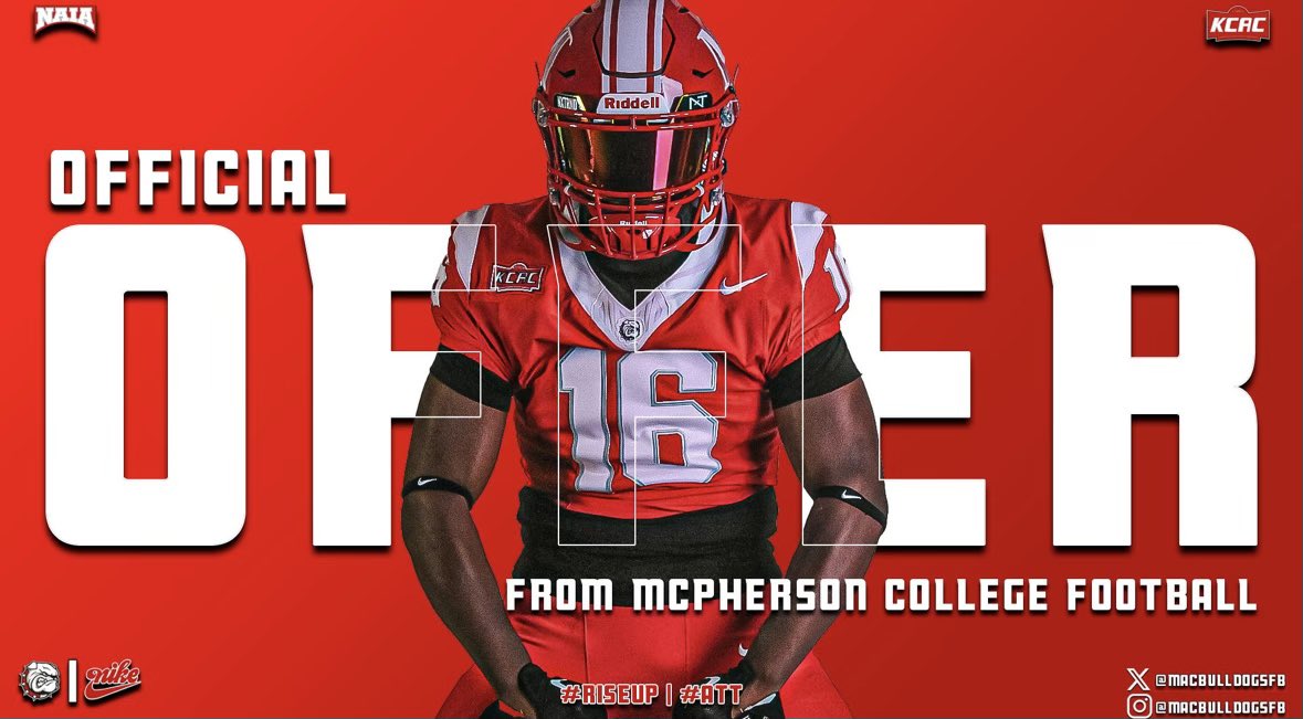 Thank you <a href="/Kaden_Beavers/">Kaden Beavers</a> I’m blessed to receive another offer to continue my academic and athletic career for <a href="/MACBulldogsFB/">McPherson Football</a>! <a href="/brightonhighsc1/">BHS Football</a> <a href="/redthunder54/">mike brown</a> #ao1