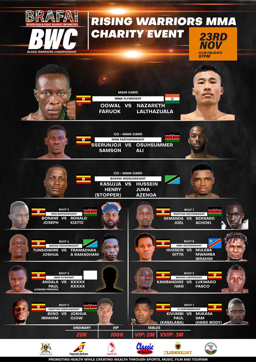 WesleyNsereko's tweet photo. 🔥 LIVE FIGHTING TONIGHT 

It's for a great cause hopefully link to follow. Helping Sickle cell anemia in Uganda ❤️💪🏾🇺🇬
@BWC_mma

https://t.co/dBRkEuBfNL
#MMA #Boxing #Kickboxing #Uganda #Uganda #Kampala https://t.co/fb2FJHYvMZ