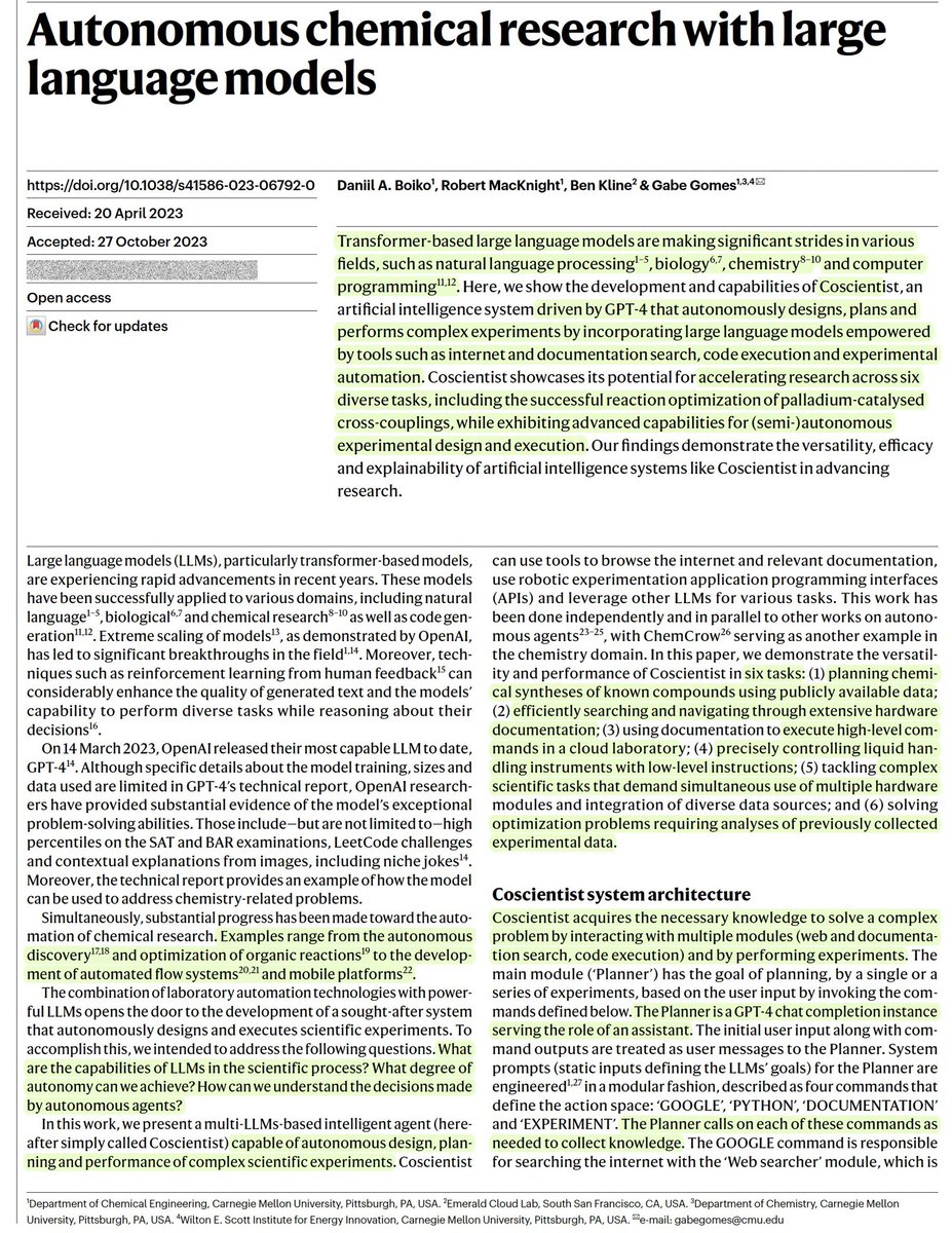 Combine this with a study from last year showing that GPT-4 could autonomously research, plan, and conduct chemical experiments, including learning how to use lab equipment by reading documentation.

Systems for automated LLM research aren’t there yet, but there is real progress.