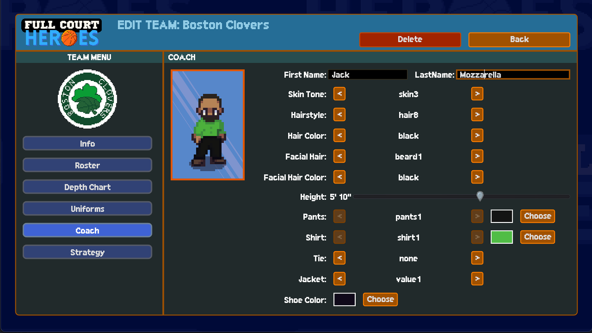 All the building blocks for franchise mode are finally in place in Full Court Heroes. Here's one: I got around to graphically implementing coaches. Here's Boston's coach, Jack Mozzarella, in the modding UI. Now starting to put it all together. #ScreenShotSaturday #IndieGameDev