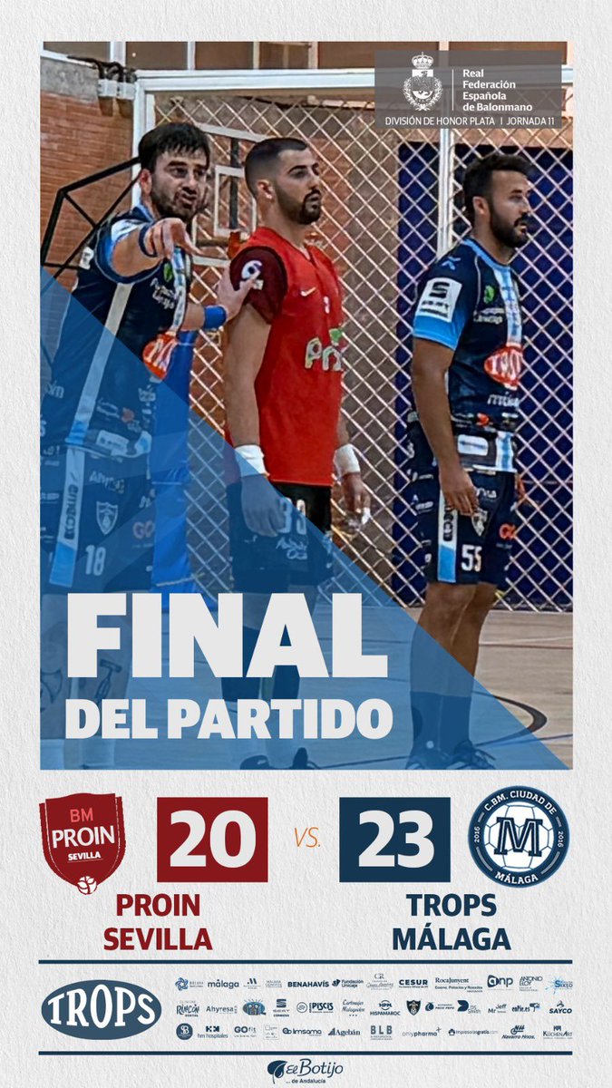 BMCiudadDMalaga's tweet photo. 📣 ¡FINAL del partido!

Nos traemos los 2 puntos de Sevilla. Gran partido de los nuestros en el derbi andaluz. 
⚔️ @bm_prointegrada Sevilla 20-23 @fTROPS @BMCiudadDMalaga.

@deportemalaga @MalagaDyE @aytodebenahavis @diputacionMLG @DeportesDipMlg 
@FundUnicaja 
@DeporteAND https://t.co/YCo3sOP2QQ