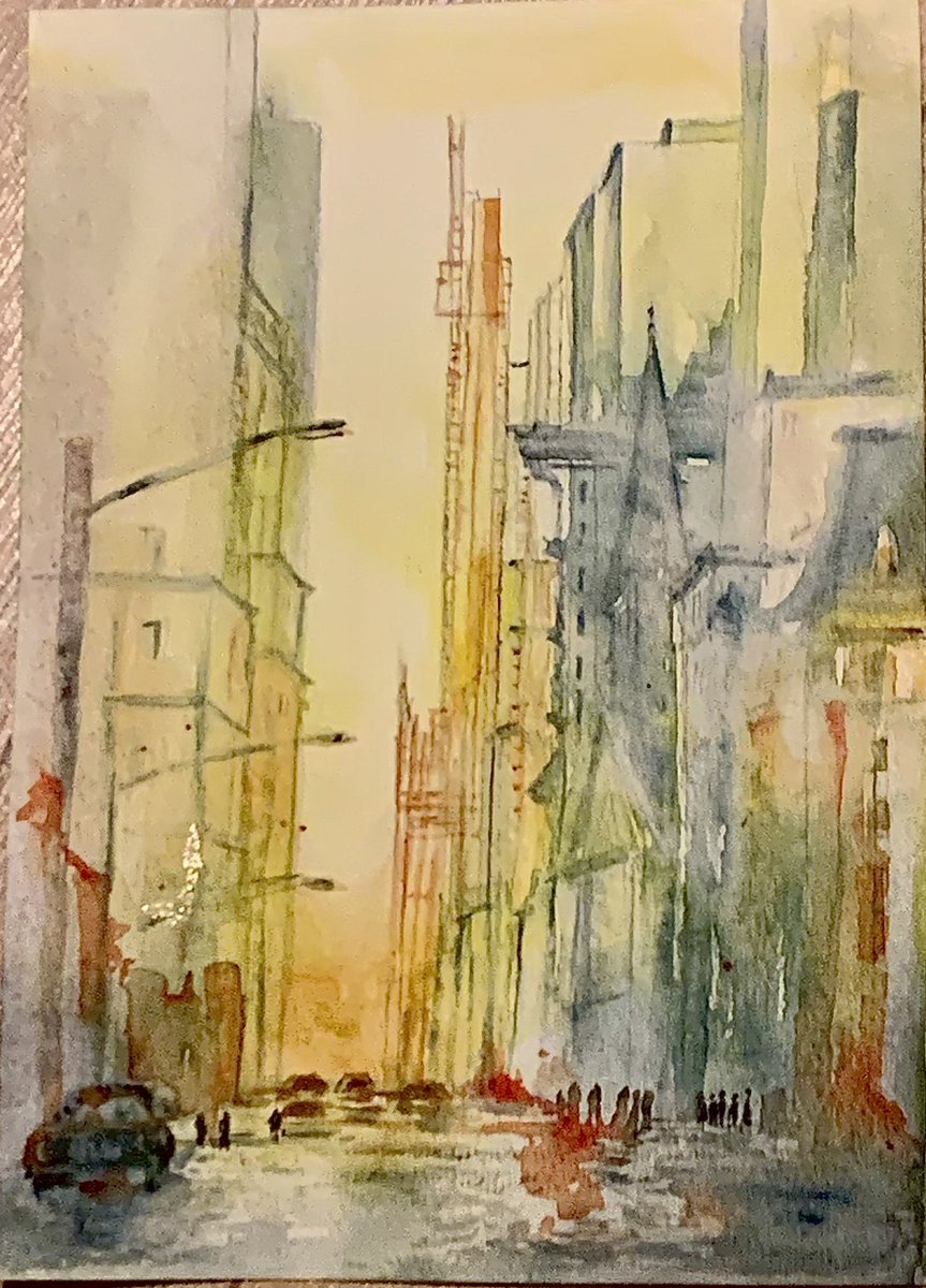 nette_no's tweet photo. Aquarelle du jour, critérium et aquarelles Daniel smith. New York, paysage au coucher du soleil #sophielecca https://t.co/fQOuLgWvXY