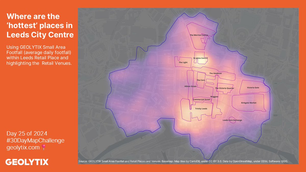 🗺#30daymapchallenge🌎
Day 25: Heat

Where are the ‘hottest’ places in Leeds City Centre?

Chloe has used our Small Area Footfall data (average daily footfall) within Leeds Retail Place and highlighted the Retail Venues in the city.

#Footfall #Leeds #Retail