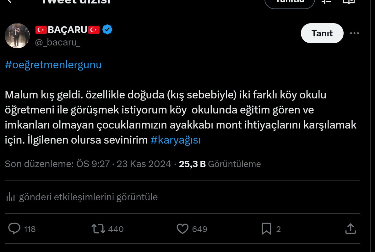 Arkadaşlar 
Kışın gelmesi sebebiyle özellikle köy okullarında mont ayakkabı vs ihtiyacı olan çocuklarımız için iki okul öğretmeni ile görüşmek istediğimi belirten bir paylaşım yaptım. burada beklenti ihtiyaç sahibi çocuklara ulaşmak. şu ana kadar ulaşamadım yapılan yorumlar