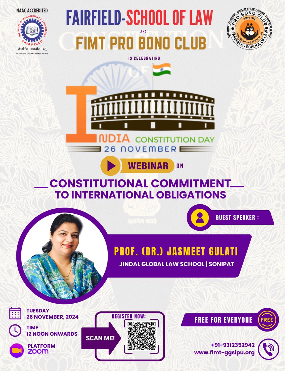 FIMTDELHI's tweet photo. Fairfield School of Law, in collaboration with the FIMT Pro Bono Club, proudly celebrates Constitution Day 🇮🇳 on 26th November 2024!
📌 Be there to celebrate, learn, and reflect on the global reach of our Constitution! 
https://t.co/EWFon6V9Wn
#ConstitutionDay #GlobalCommitments https://t.co/rbFYilYWK6