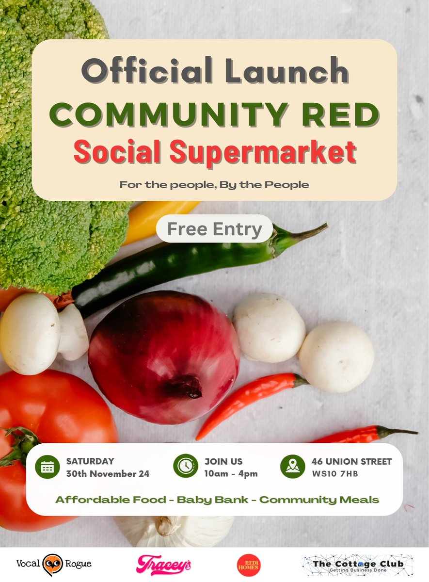 Exciting News! The Community Red Social Supermarket opens on November 30th!

We believe in tackling food insecurity whilst creating a space for wellness and connection.

Join us for our grand opening and be a part of this transformative initiative.

#SocialSupermarket #Wednesbury