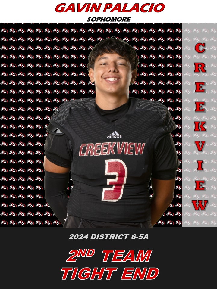 Congratulations to soph. Gavin Palacio for earning District 6-5A Second Team All-District Tight End honors! Your dependable hands and run blocking made a huge impact all season! #DualThreat <a href="/CFBISD/">Carrollton-Farmers Branch ISD</a> <a href="/CmsaMustangs/">CMSAMustangs</a> <a href="/CreekviewLeads/">Creekview High School</a> <a href="/SulakCFB/">Leon Sulak</a> <a href="/RamirezCoach/">Michael Ramirez</a> <a href="/PutterRenee/">Renee Putter</a> <a href="/CFBathletics/">CFB Athletics</a>