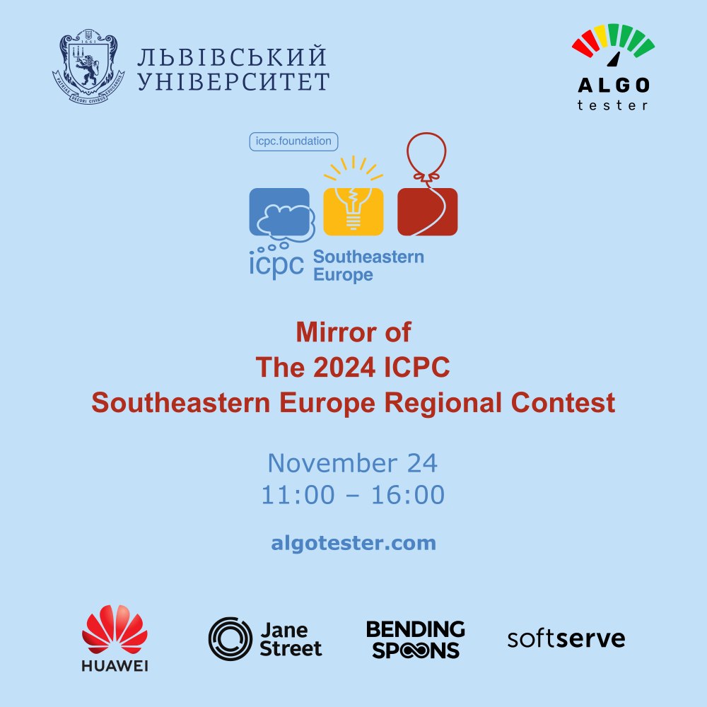 algotester's tweet photo. Запрошуємо взяти участь у дзеркалі півфіналу світу з програмування SEERC 2024. Сторінка події https://t.co/Wy0C4jKZZe. https://t.co/q9FylYQWdC