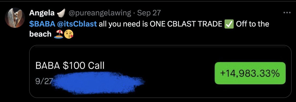 Posting one of my biggest swing trades of the year next week with 100x potential..

Just like $BABA from 2 months ago that went 15,000% in a few weeks. Our $500 accounts can turn into 75k in ONE trade 

Like &amp; comment “Play” and I’ll DM you the name

(Must be following to DM)